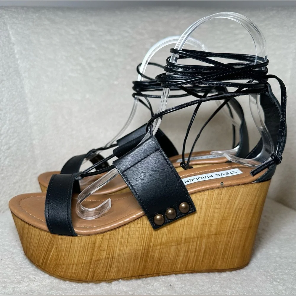 Steve Madden wood platform black leather sandals leg ankle wrap strappy bohemian